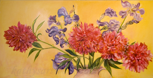 Red Peonies & Purple Iriss' on Yellow