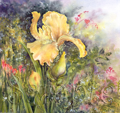 Yellow Iris and Bleeding Hearts